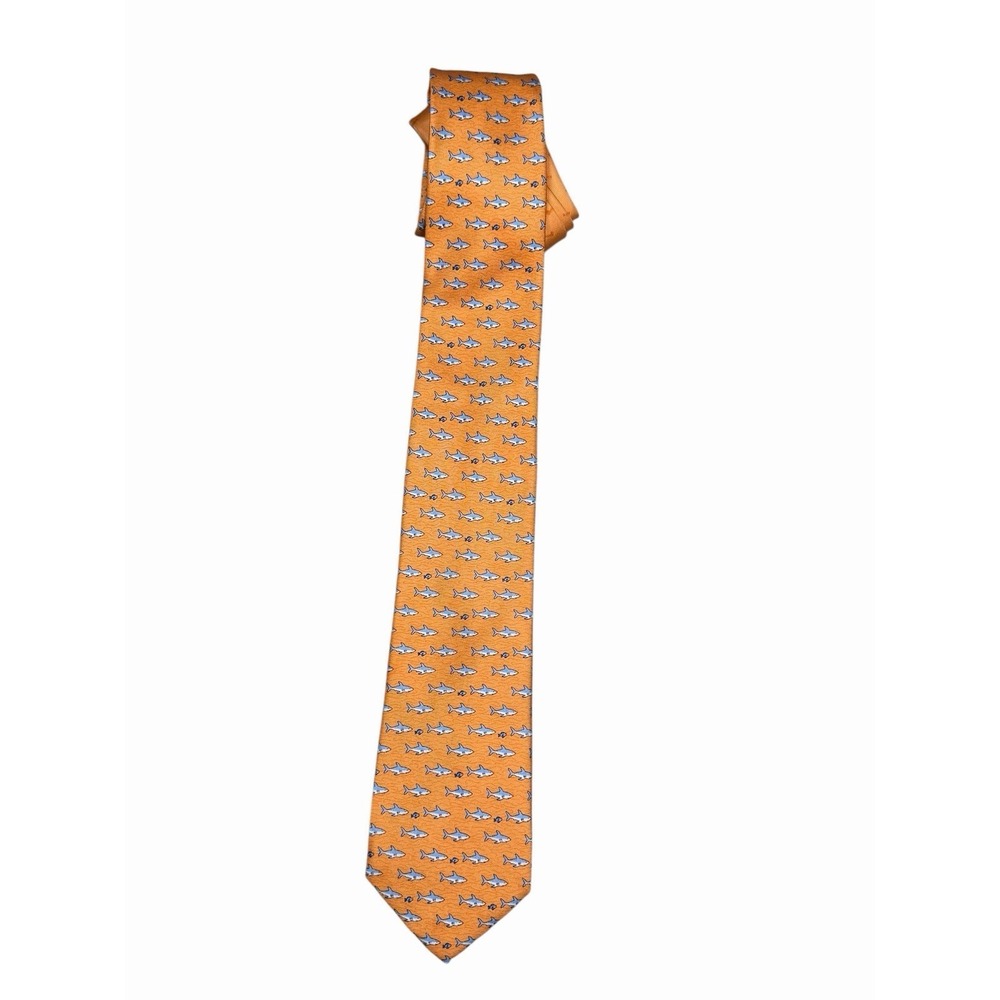 Tommy Hilfiger Shark Tie Orange‎ Blue Silk Neck Tie Nautical Fish Print